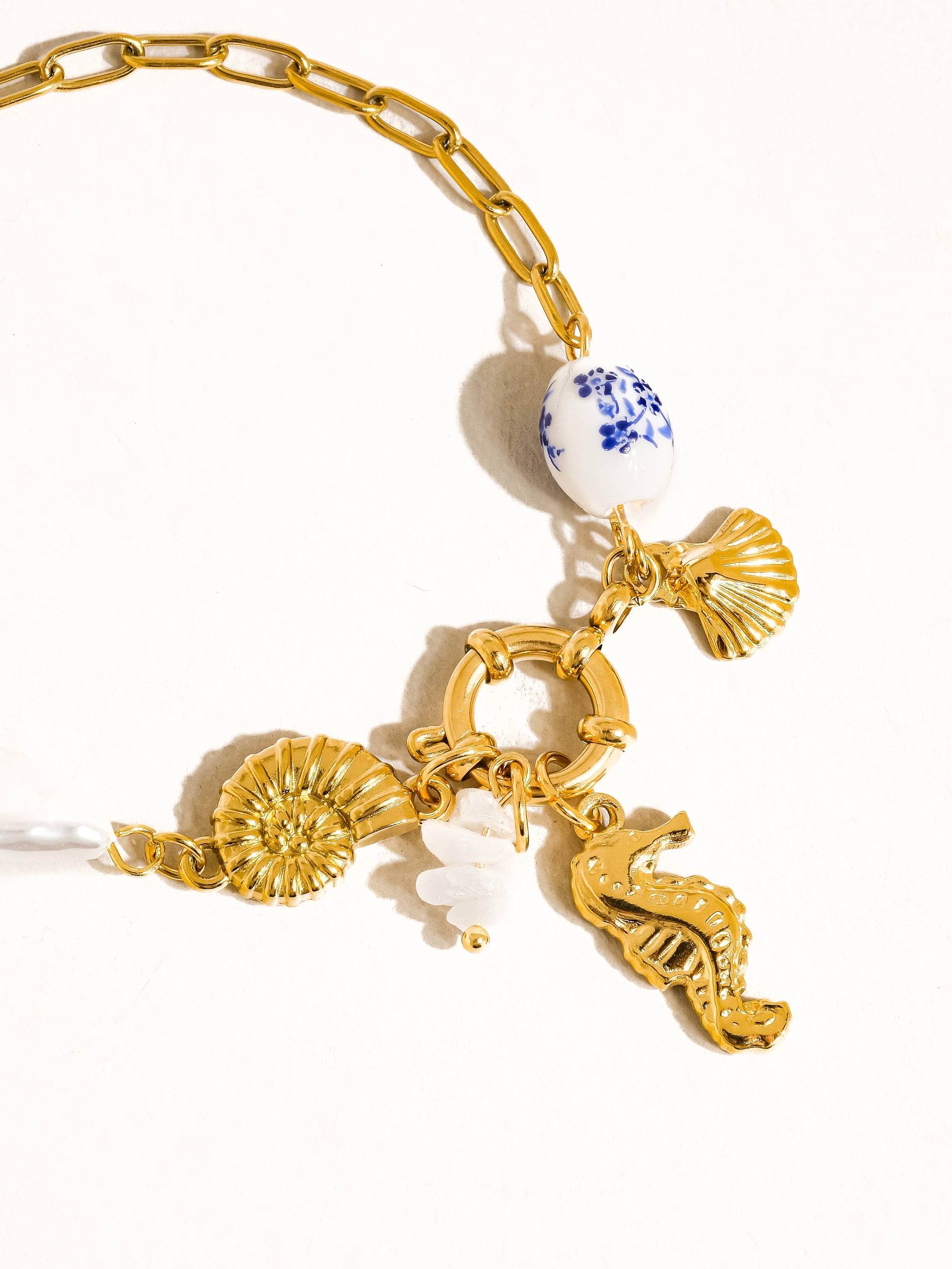 Cecily 18K Gold Plated Non-Tarnish Seahorse Seashell Charm Bracelet: Yellow Gold