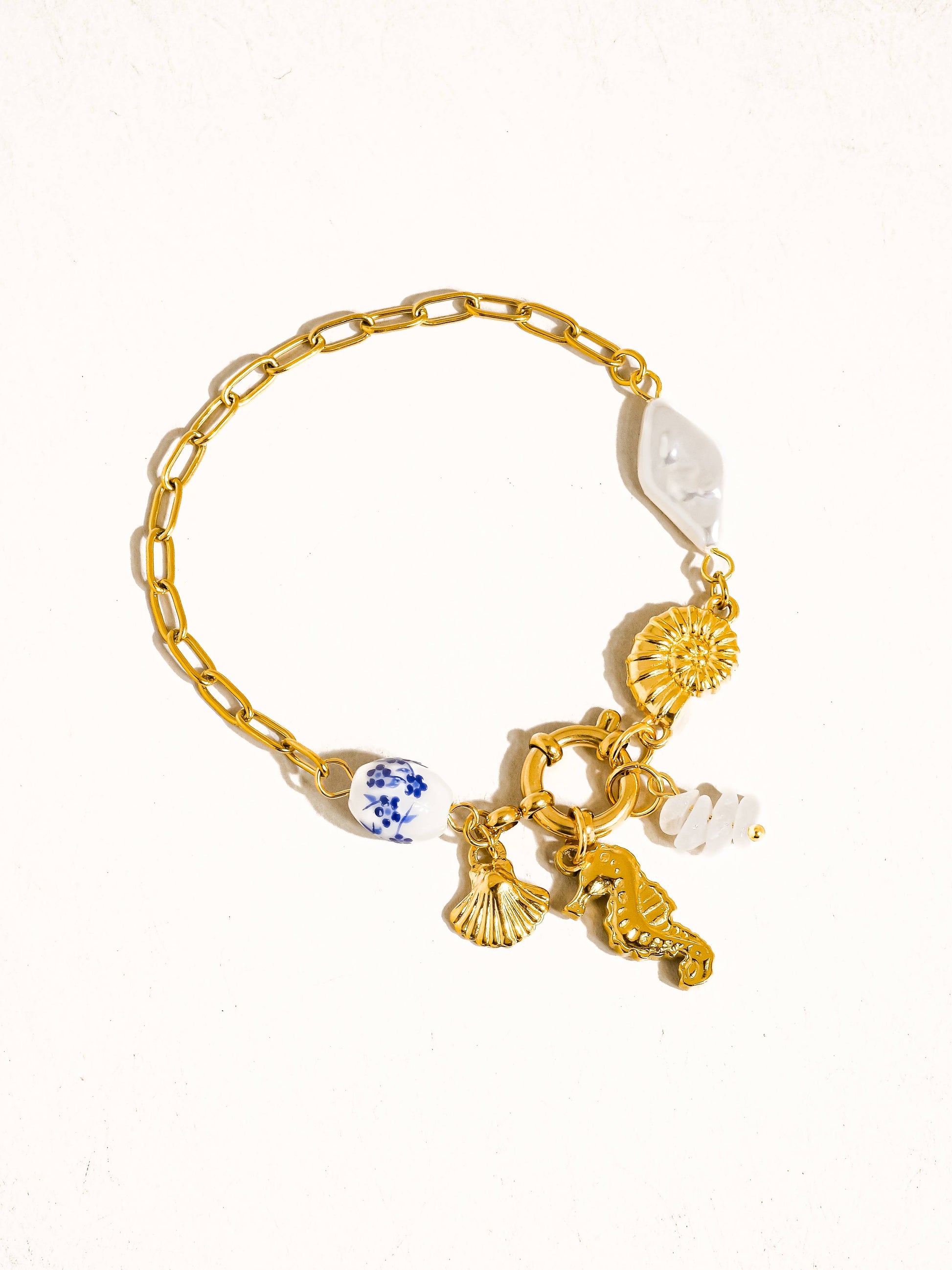 Cecily 18K Gold Plated Non-Tarnish Seahorse Seashell Charm Bracelet: Yellow Gold