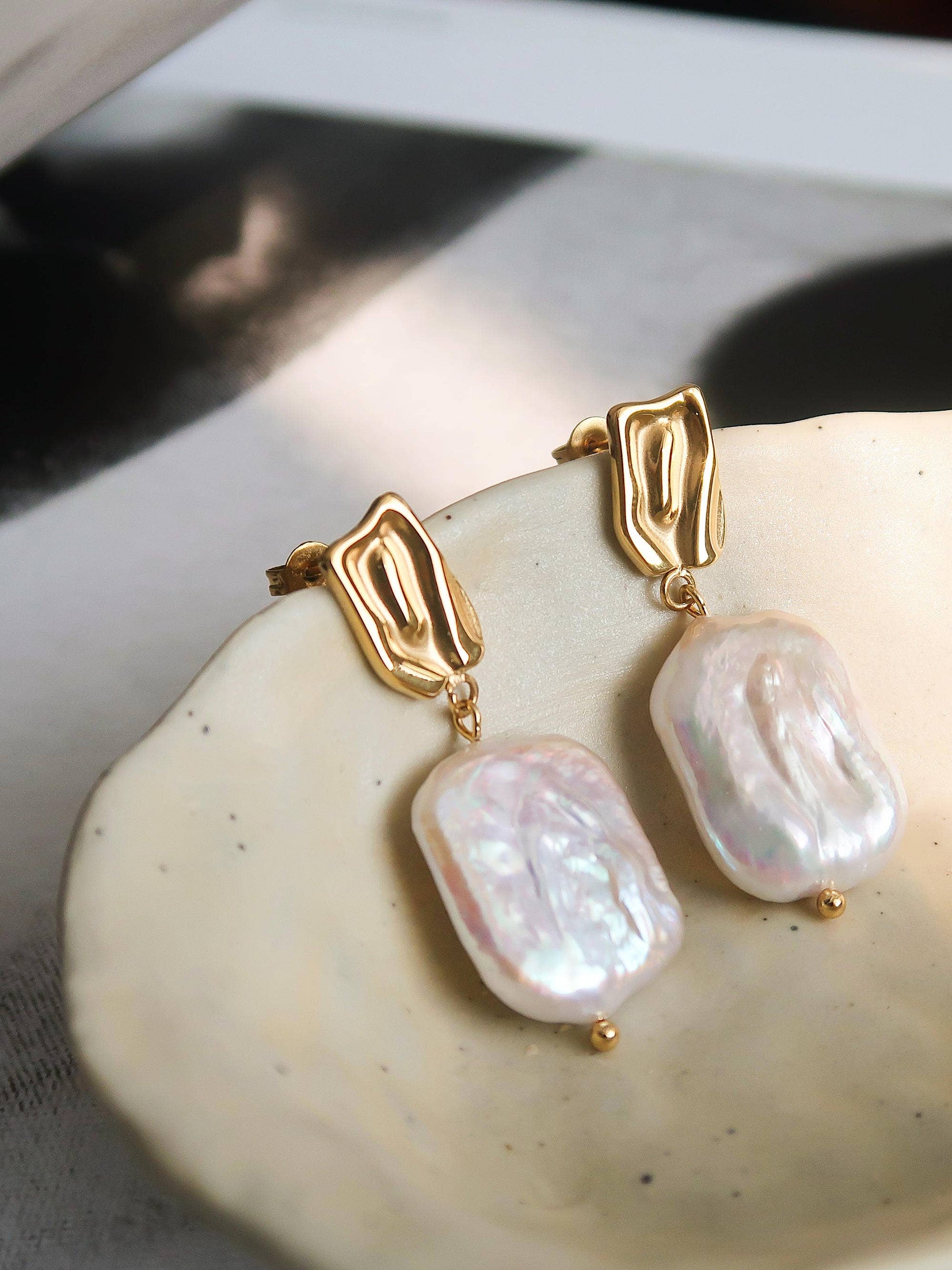 Charis 18K Gold Plated Non-Tarnish Baroque Pearl Earring: Yellow Gold