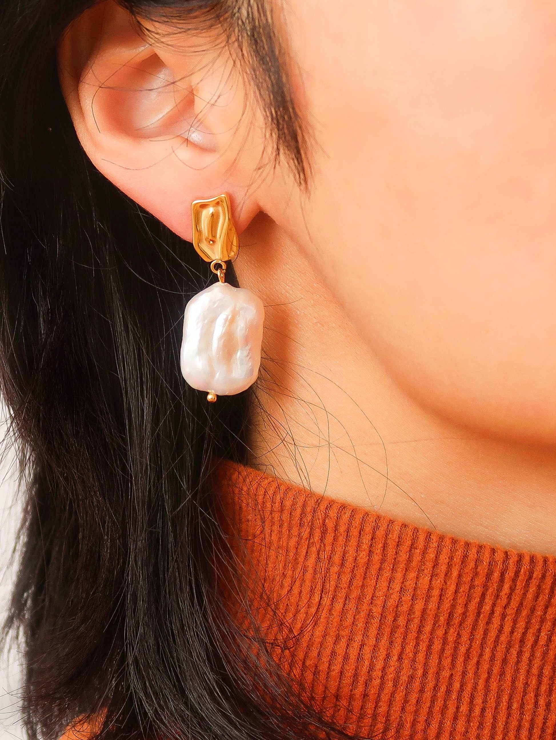Charis 18K Gold Plated Non-Tarnish Baroque Pearl Earring: Yellow Gold